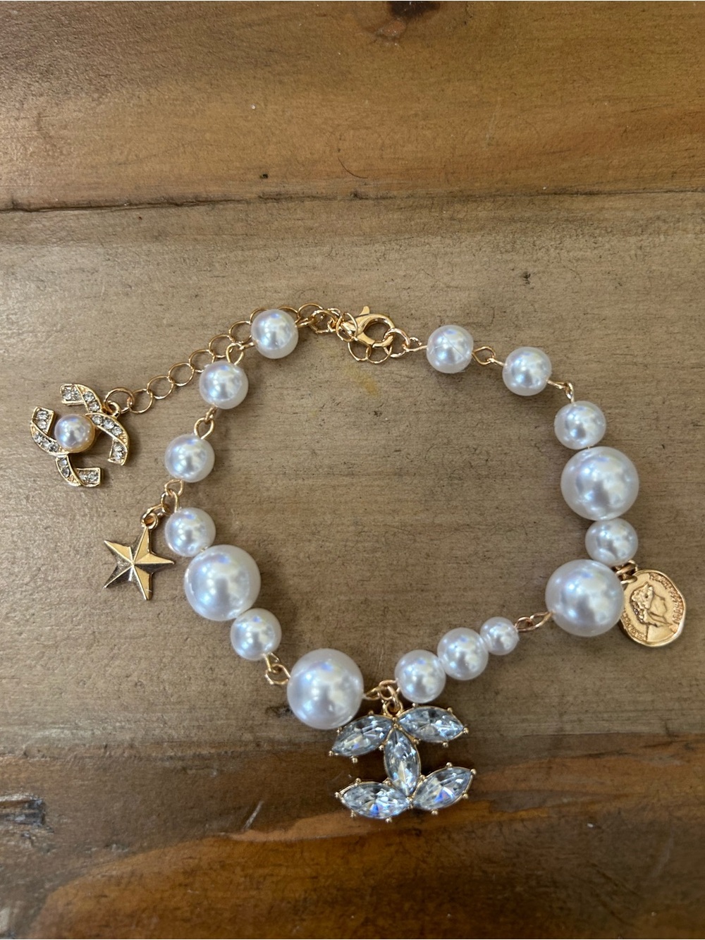 Gold-Tone Pearl Bracelet with Crystal Letter C Charm